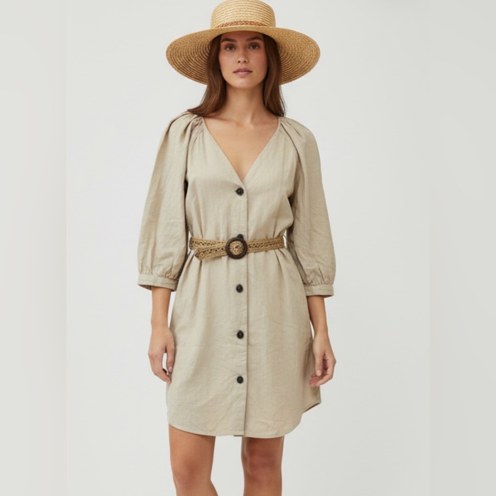 Zara Mini Dress Button Down Puff‎ Sleeve V Neck Casual Tan Small